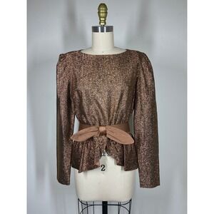 Vintage R&K Originals Metallic Lurex Peplum Top 12 Puff Sleeve Bow Belt Disco